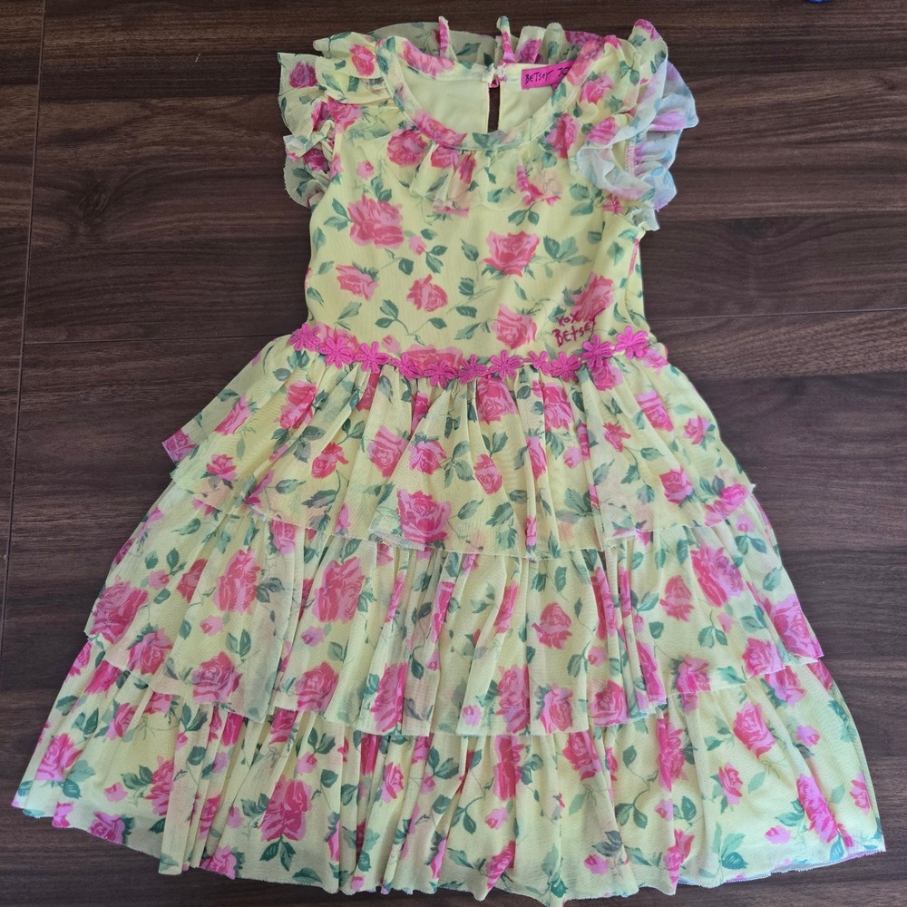 Betsey Johnson Girls Yellow Pink Floral Mesh Tiered Dress Flutter Sleeve 6X